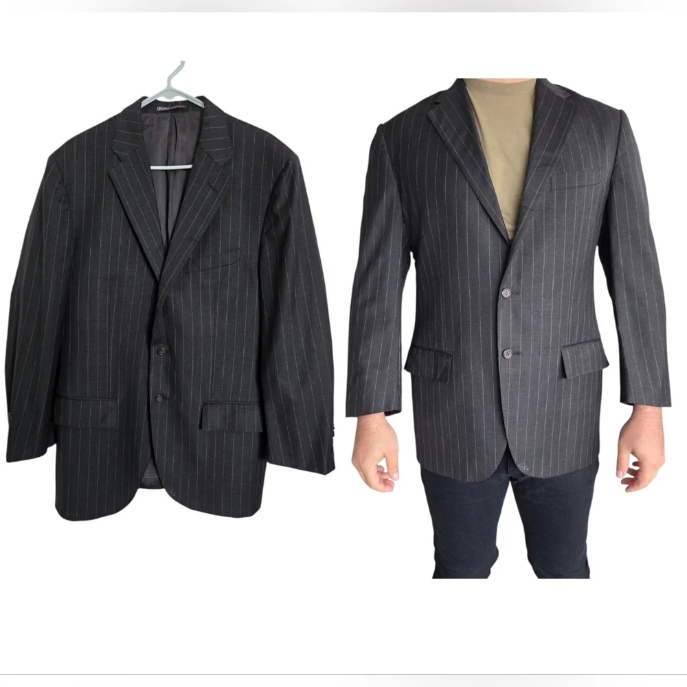 VTG Polo Ralph Lauren Italy Wool Pinstripe Blazer 44R Gray Luxury Preppy Formal